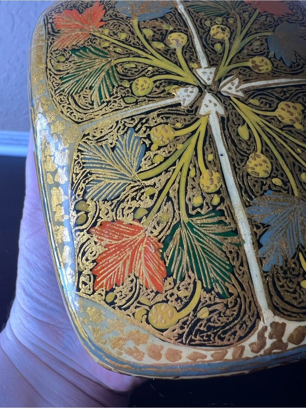 Vintage 1970s Kashmiri Papier Mâché Jewelry Box Domed Lid Gold Floral Trinket